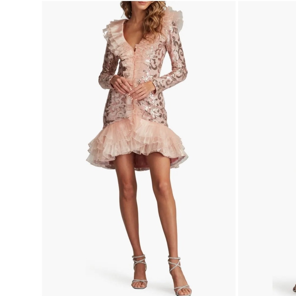 SHO Tadashi Shoji Sequin Ruffle Long Sleeve Cocktail Dress Blush Pink 0 NWT